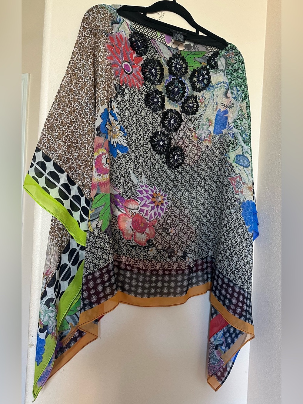 Etro 100%Silk Cape BlouseMulticolor Floral Embroidery Beeds front, One Size